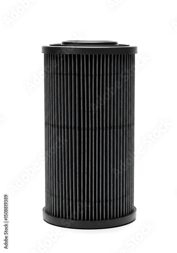 Black cylindrical air filter on white background.  Features vertical ribbed construction