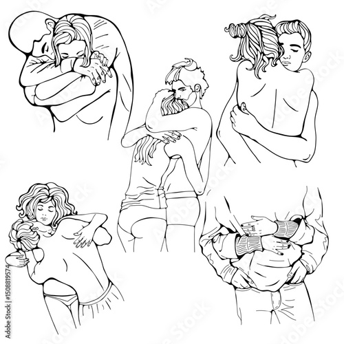 Couples hugging outline illustration collection