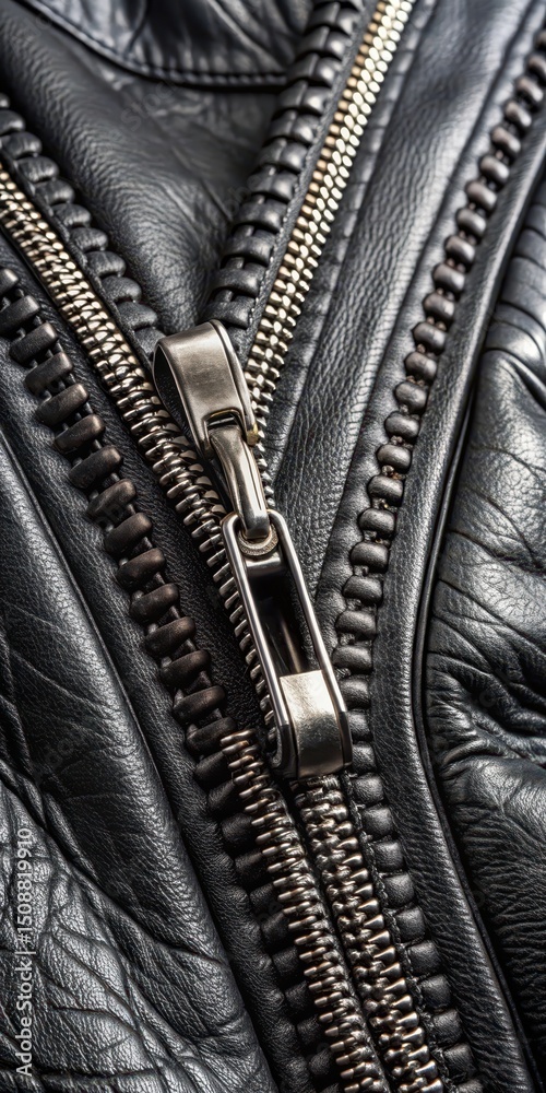 Fototapeta premium Close-up shot of a black zipper on a black leather jacket