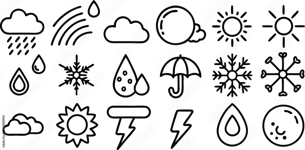 Fototapeta premium Set of 18 Black Outline Weather Icons Vector for Forecasts, Websites, and Mobile Apps