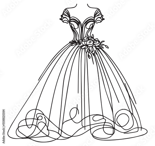 Elegant Wedding Dress Line Art: Ball Gown Silhouette with Floral Waist Detail, Bridal Fashion Illustration, Minimalist Drawing