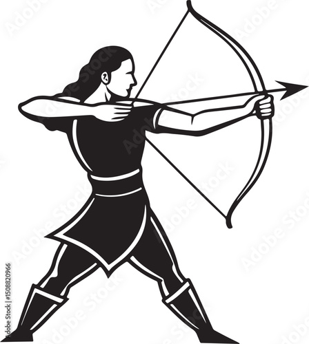 A dynamic archer aiming precisely in a black and white minimal line art style design.