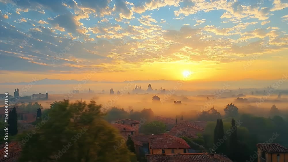 Aerial View of Rooftops in Foggy Cityscape at Sunrise with Warm Light Streaks Over Misty Skyline in Tuscany Italy Optimized for Adobe Stock Aerial View of Rooftops in Foggy Cityscape at Sunrise with Warm Light Streaks Over Misty Skyline in Tuscany Italy Optimized for Adobe Stock