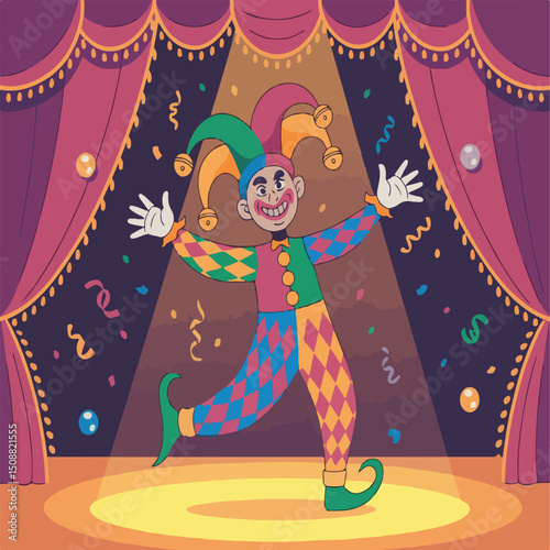 character, smile, carnival, fun, party, cartoon, funny, performance, actor, performer, man, hat, holiday, entertainment, birthday, humor, vector