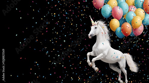 White unicorn with colorful balloons and confetti on black background for magical party celebration