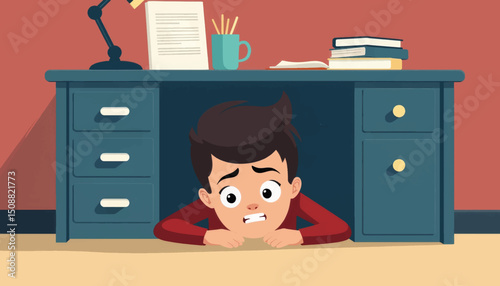 Boy hiding under desk in fear, childhood anxiety