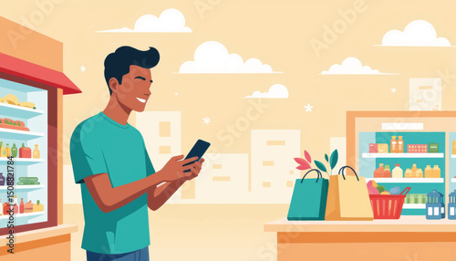 Happy man checking grocery prices while shopping, smart budgeting