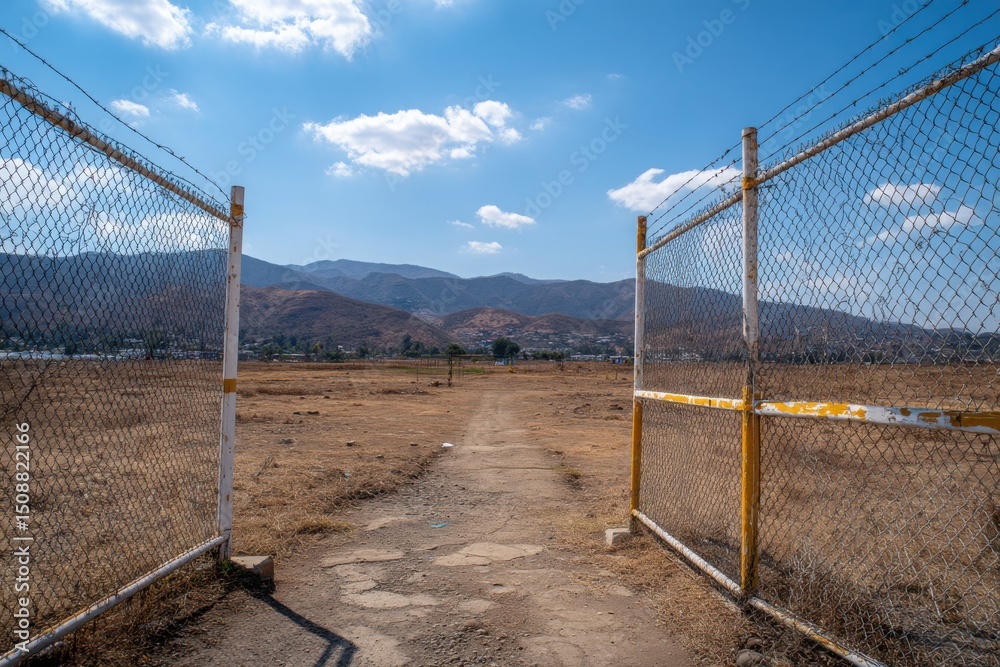 Fototapeta premium Open Gate Leading to Barren Land with Mountainous Background
