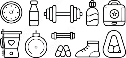 Minimalist Fitness Equipment Icons — Dumbbells, Kettlebells, Workout Gear, and Healthy Lifestyle Symbols
