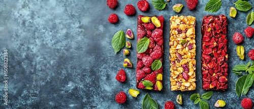 Assorted energy bars with fresh raspberries and pistachios