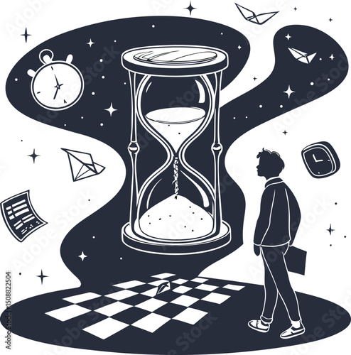 Intricate Black and White Illustration — Abstract Hourglass, Chess Board, Silhouette, Stars, and Paper Airplanes


