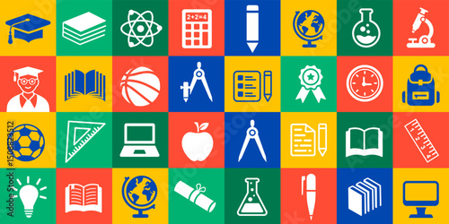 back to school education geometric shape college pattern background. A vibrant collection of minimalist white silhouette icons representing various academic subjects, school supplies, and learning.