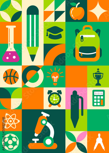 back to school education geometric shape college pattern background. A vibrant collection of minimalist white silhouette icons representing various academic subjects, school supplies, and learning.