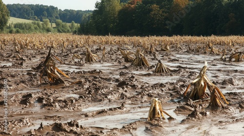 Yellow maize ears covered in mold and mud in a flooded cornfield after heavy rain. Agricultural disaster concept showing crop damage, rural farming loss, climate impact, and harvest deterioration.