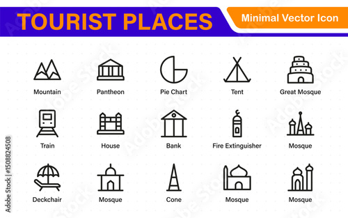 Tourist Destinations Icon Collection – Vector, Line Art, and Minimal Outline Illustrations for Famous Landmarks, Attractions, and Vacation Travel Designs