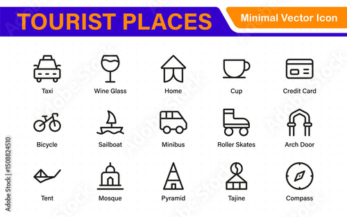 Tourist Destinations Icon Collection – Vector, Line Art, and Minimal Outline Illustrations for Famous Landmarks, Attractions, and Vacation Travel Designs