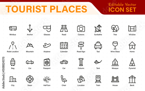 Tourist Destinations Icon Collection – Vector, Line Art, and Minimal Outline Illustrations for Famous Landmarks, Attractions, and Vacation Travel Designs