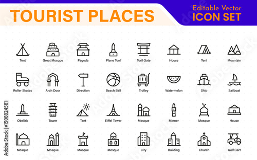 Tourist Destinations Icon Collection – Vector, Line Art, and Minimal Outline Illustrations for Famous Landmarks, Attractions, and Vacation Travel Designs
