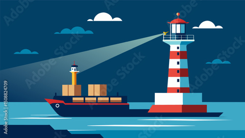 A beacon of light shining from a lighthouse as a cargo ship approaches its data navigation system precisely calculating its course to safely pass through the narrow channel.. Vector illustration
