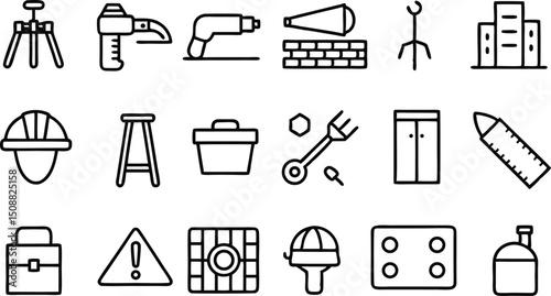 Minimalist Black and White Construction Tools and Home Improvement Vector Icons — Industrial and Household Outline Set

