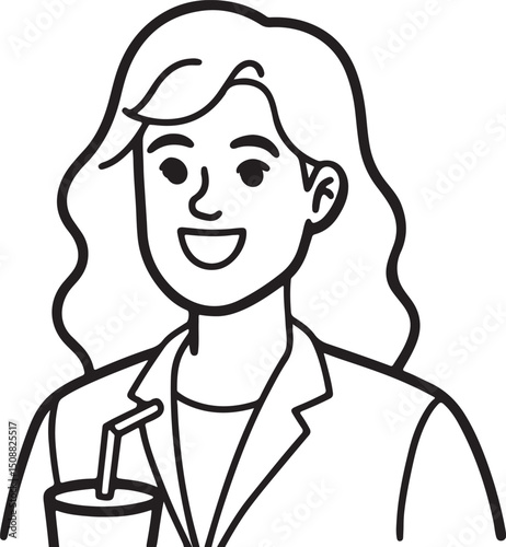  A confident female avatar with flowing hair and a professional appearance in line art style.