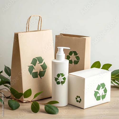 Eco-friendly product packaging mockup with modern recycling symbols, sustainable branding elements, and green color palette — ideal for environmental marketing, branding, and eco-product presentations