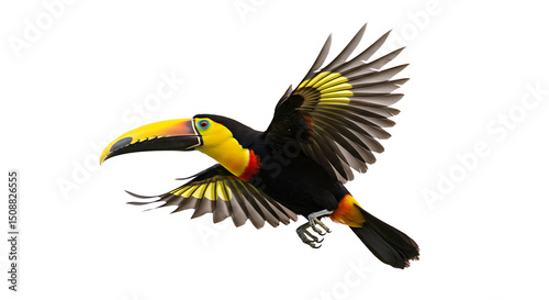 Vibrant YellowThroated Toucan Soaring with Open Wings Displaying Feather Details
