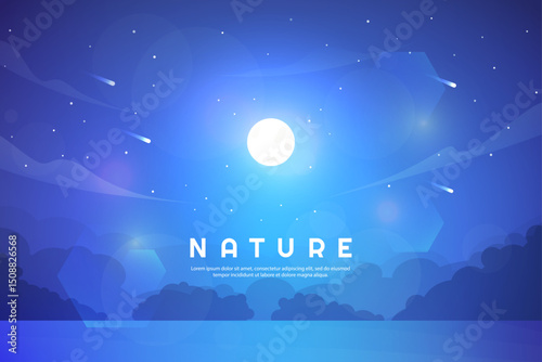 Vector illustration. Dark night landscape. Beautiful cloudy sky with shooting stars, misty clouds and  blurry lights. Moonlight scene. Trendy summer horizontal wallpaper. Travel and relaxation concept