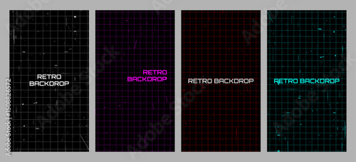 Vector illustration. Retro futuristic grid pattern with scratched texture background. Set of y2k style neon backdrops. Design elements for flyer, leaflet, voucher, vertical background, advertisement