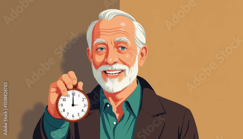 Joyful old man holding pocket watch, timeless wisdom