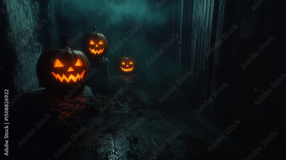 Naklejka premium Spooky Halloween Night: Jack-o'-lanterns Illuminate a Dark Alley