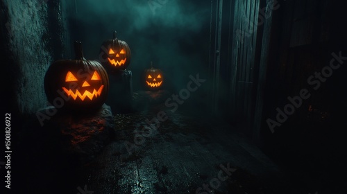 Spooky Halloween Night: Jack-o'-lanterns Illuminate a Dark Alley
