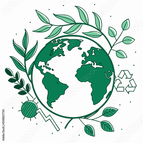Green planet icon with sustainability contours, symbolizing environmental care and eco-friendliness
