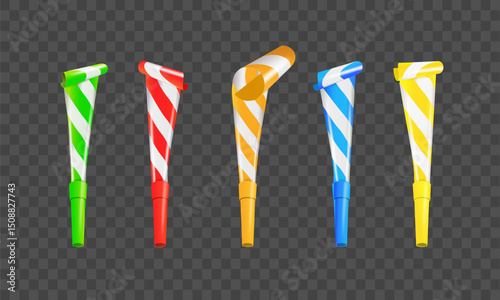 Color Party Blower Whistles Set of Celebration Happy Party. Realistic Detailed 3d. Vector