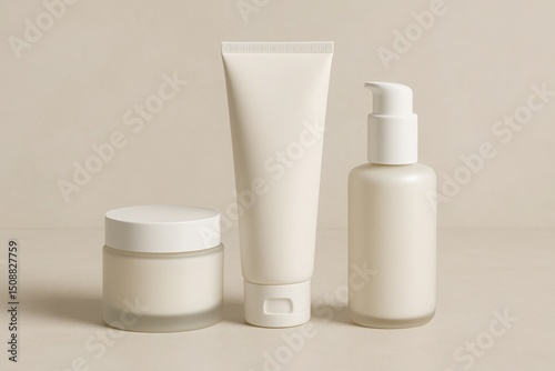 Elegant skincare packaging mockup featuring a cream jar a squeeze tube and a pump bottle ideal for cosmetic branding and beauty product presentation
