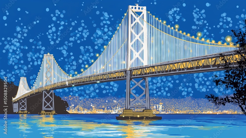 Fototapeta premium Vibrant illustration of a bridge lit by colorful reflections at night.