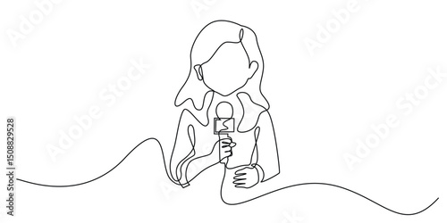 one continuous line drawing of a female television reporter,doing a live broadcast.holding a microphone.isolated on a white background