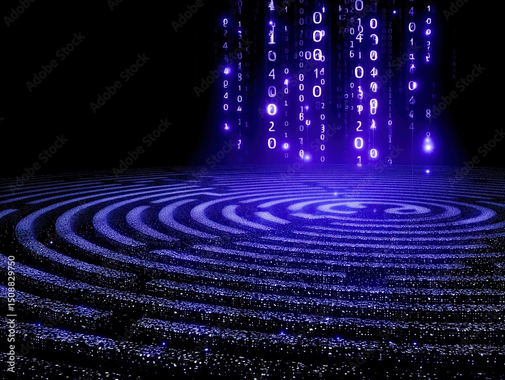 Fototapeta premium Digital abstract with swirling patterns and binary code streams.