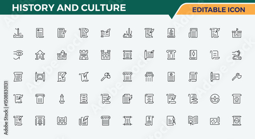 History And Culture icon set. It contains symbols to artist, sculpture, art, historical, film, music, paint and more. Modern vector illustration. Editable vector art. Picture icon set.