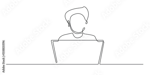 one continuous line drawing of man working with laptop,home business profession,employee.line art vector illustration.eps10
