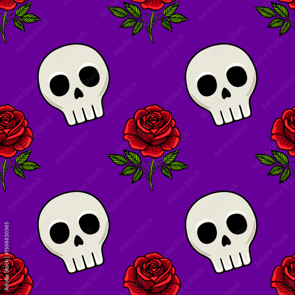 Seamless vector pattern featuring alternating cartoon skulls and red roses on a vibrant purple background, creating a unique Day of the Dead aesthetic.