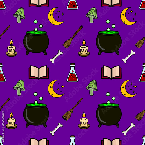Seamless vector pattern with Halloween witchcraft elements: cauldron, potion, broom, bone, candle, mushroom, open book, and crescent moon on a purple background, designed for festive decorations.