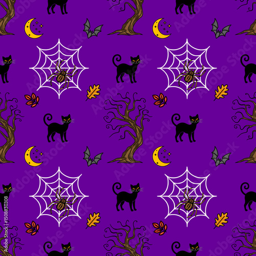 Spooky Halloween vector seamless pattern with black cats, spiderwebs, bats, and dead trees on a vibrant purple background, perfect for autumnal designs and festive celebrations.