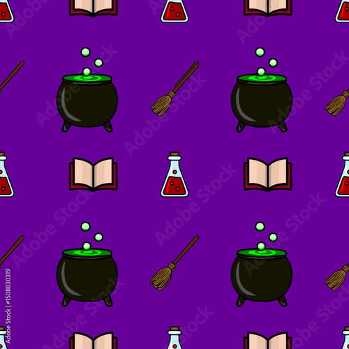 Seamless vector Halloween pattern with a cauldron, broom, potion bottle, and spellbook on a vibrant purple background, featuring a unique cartoonish style.