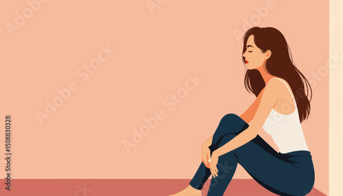Woman reflecting in solitude sitting against a pink background, inner peace