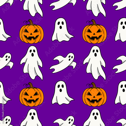 Seamless vector Halloween pattern with cute cartoon ghosts and smiling pumpkins on a vibrant purple background, perfect for festive designs and spooky celebrations.