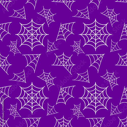 Seamless vector pattern of hand-drawn white spiderwebs on a vibrant purple background, ideal for Halloween-themed designs and spooky autumnal projects.