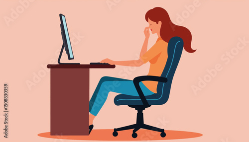 Stressed woman sitting at desk in office chair, workplace emotions