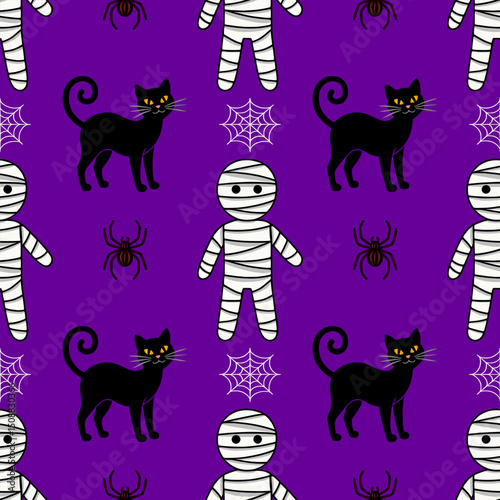 Seamless vector Halloween pattern with cute mummies, black cats, and spiders on a purple background, perfect for festive designs and spooky celebrations.