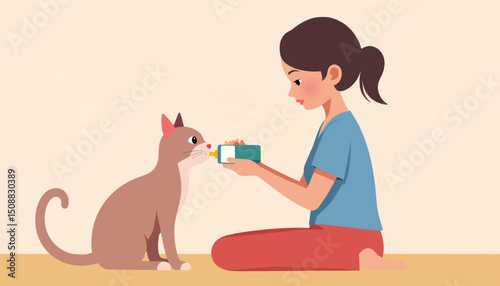Woman giving medicine to cat in cozy home setting, pet care